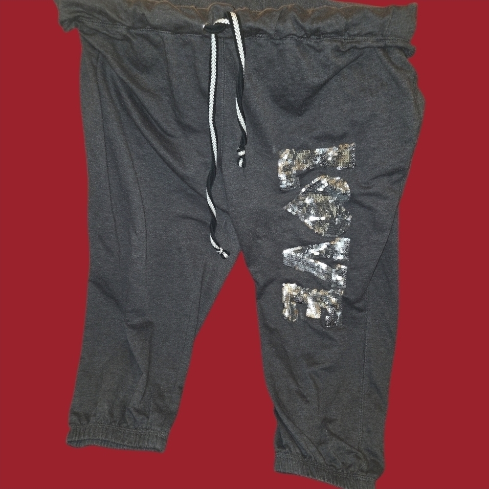 Miss Chievous Charcoal Capri Love Sequin Sweat Pants Set Pajamas Set EUC